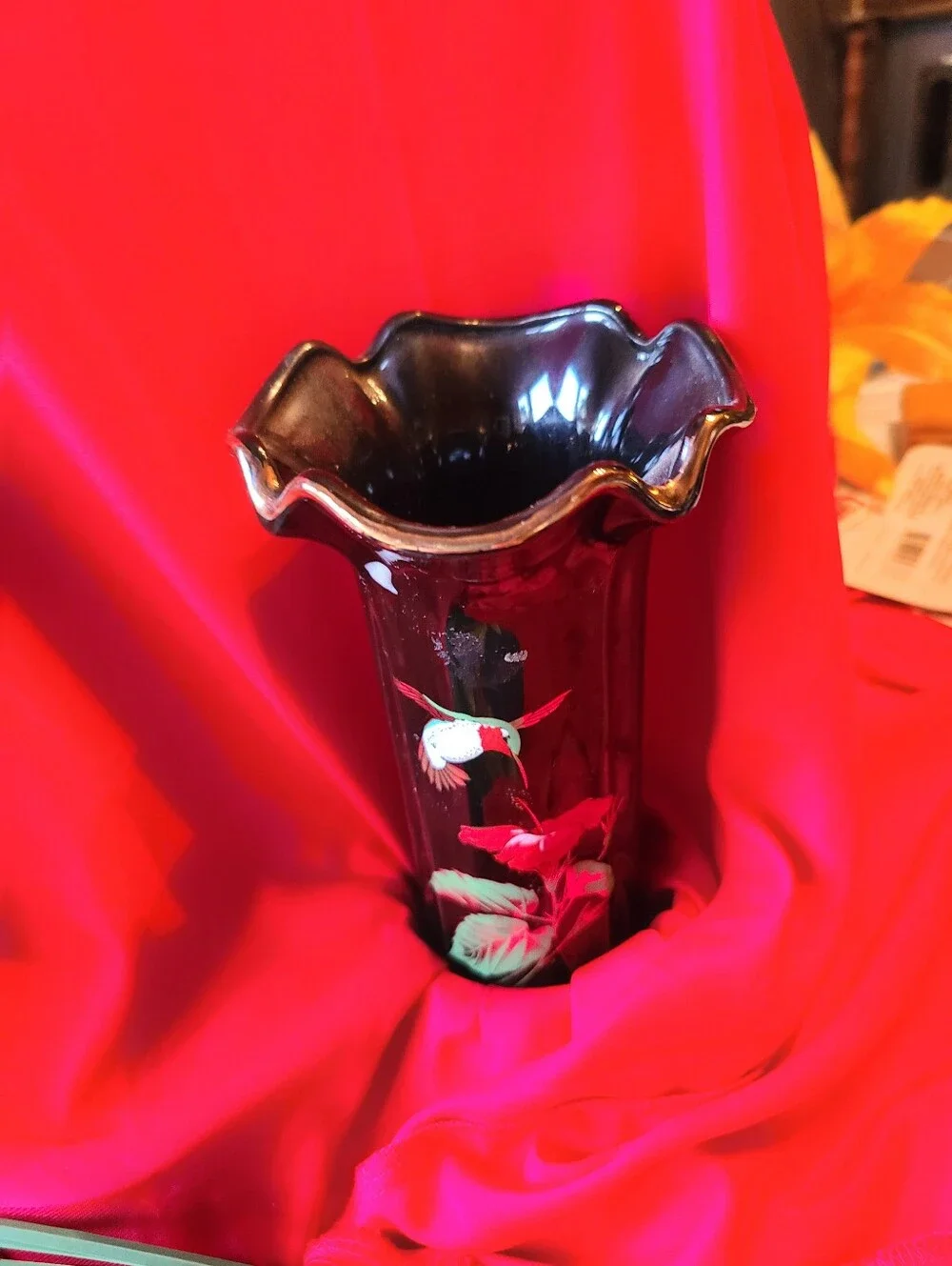 Black Hand-Painted Glass Vase with Floral Accent